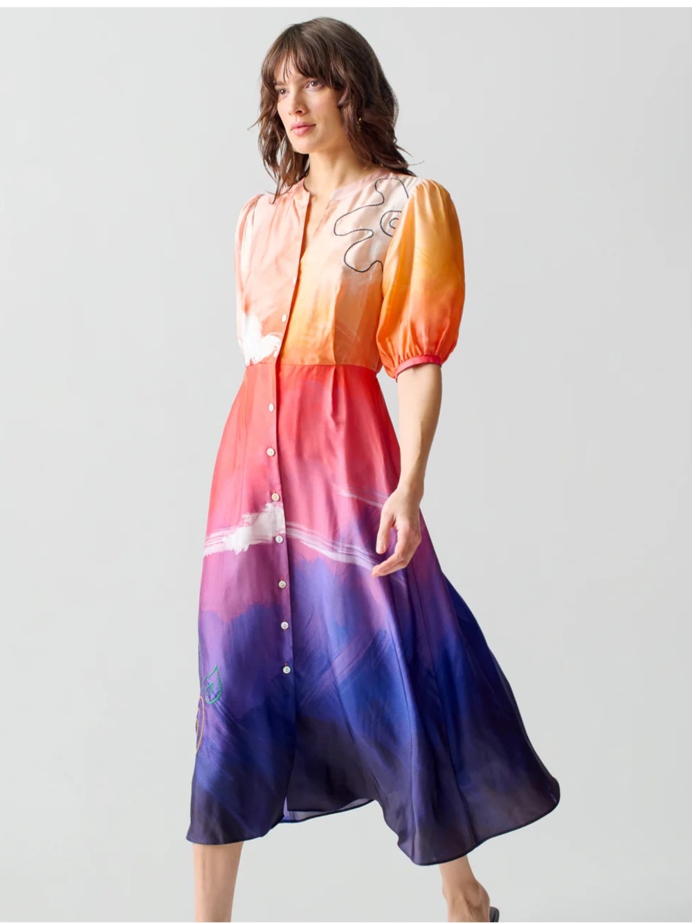 Lingua Franca Psili Amos Sunset Silk Midi Shirt Dress NEW NWT